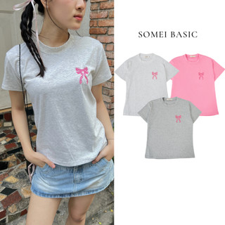 Áo thun nữ thêu nơ dáng baby tee cổ tròn ngắn tay chất cotton mỏng thoáng mát mùa hè