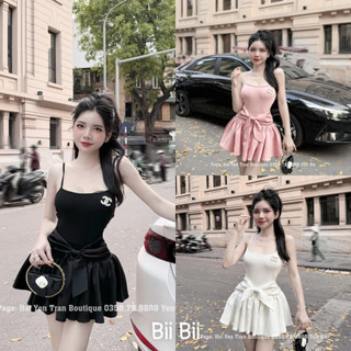 Váy 2 dây phối lụa nơ eo dáng ngắn kèm tag