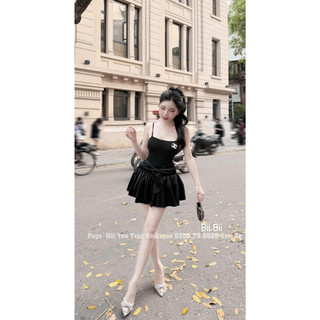 Váy 2 dây phối lụa nơ eo dáng ngắn kèm tag