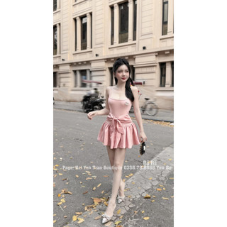 Váy 2 dây phối lụa nơ eo dáng ngắn kèm tag