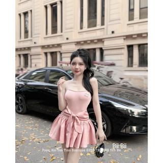 Váy 2 dây phối lụa nơ eo dáng ngắn kèm tag