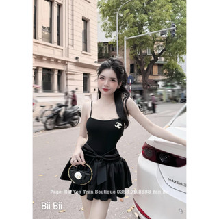 Váy 2 dây phối lụa nơ eo dáng ngắn kèm tag