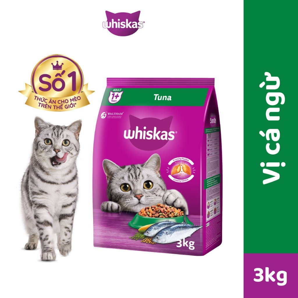 Thức ăn hạt khô cho mèo trưởng thành Whiskas adult vị cá ngừ/ cá thu/ cá biển túi 1,2kg/3kg