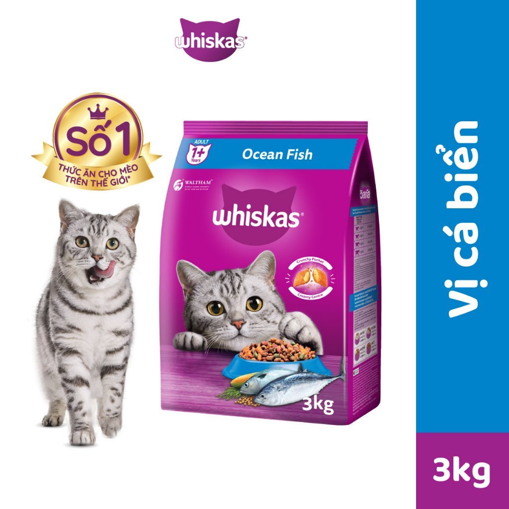 Thức ăn hạt khô cho mèo trưởng thành Whiskas adult vị cá ngừ/ cá thu/ cá biển túi 1,2kg/3kg
