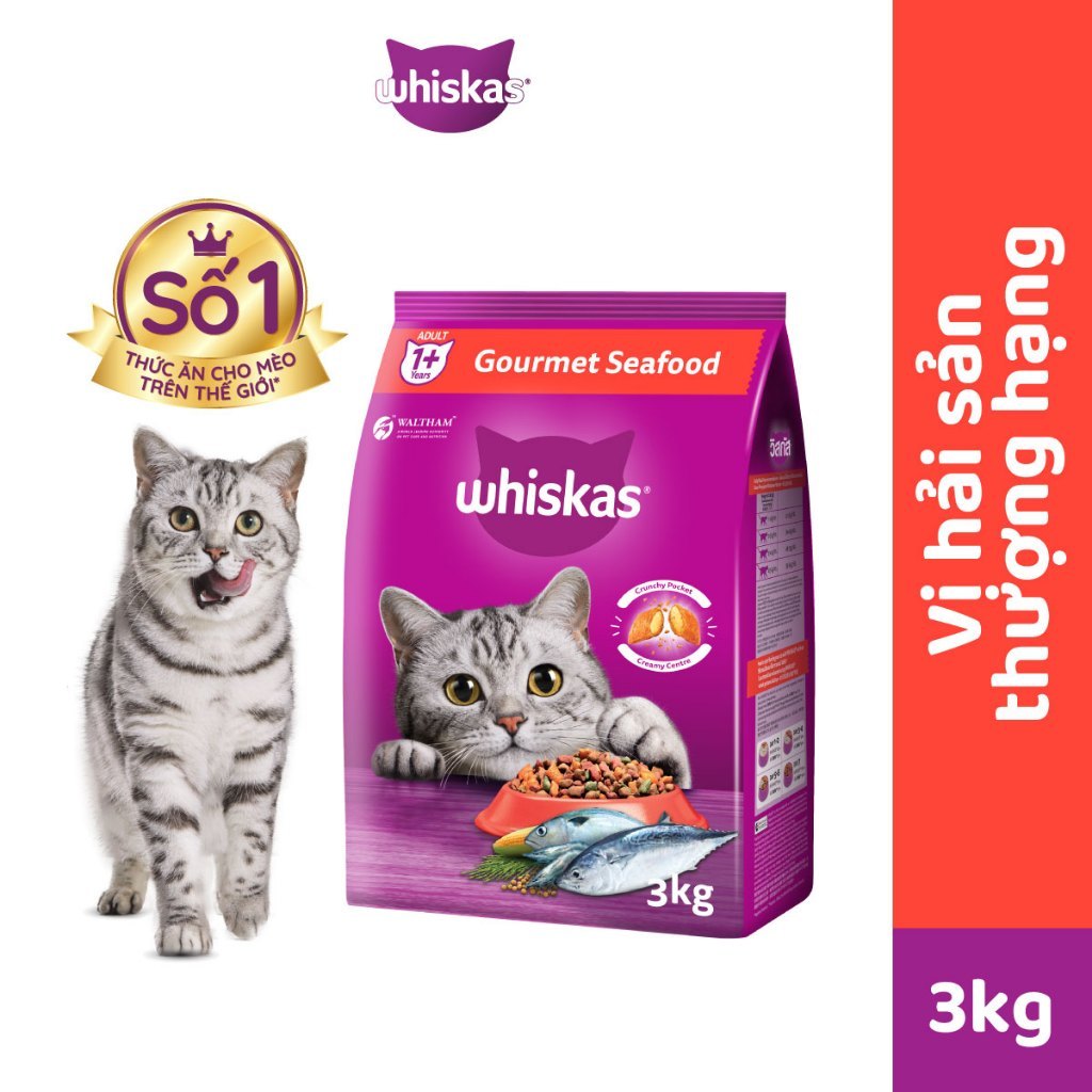 Thức ăn hạt khô cho mèo trưởng thành Whiskas adult vị cá ngừ/ cá thu/ cá biển túi 1,2kg/3kg