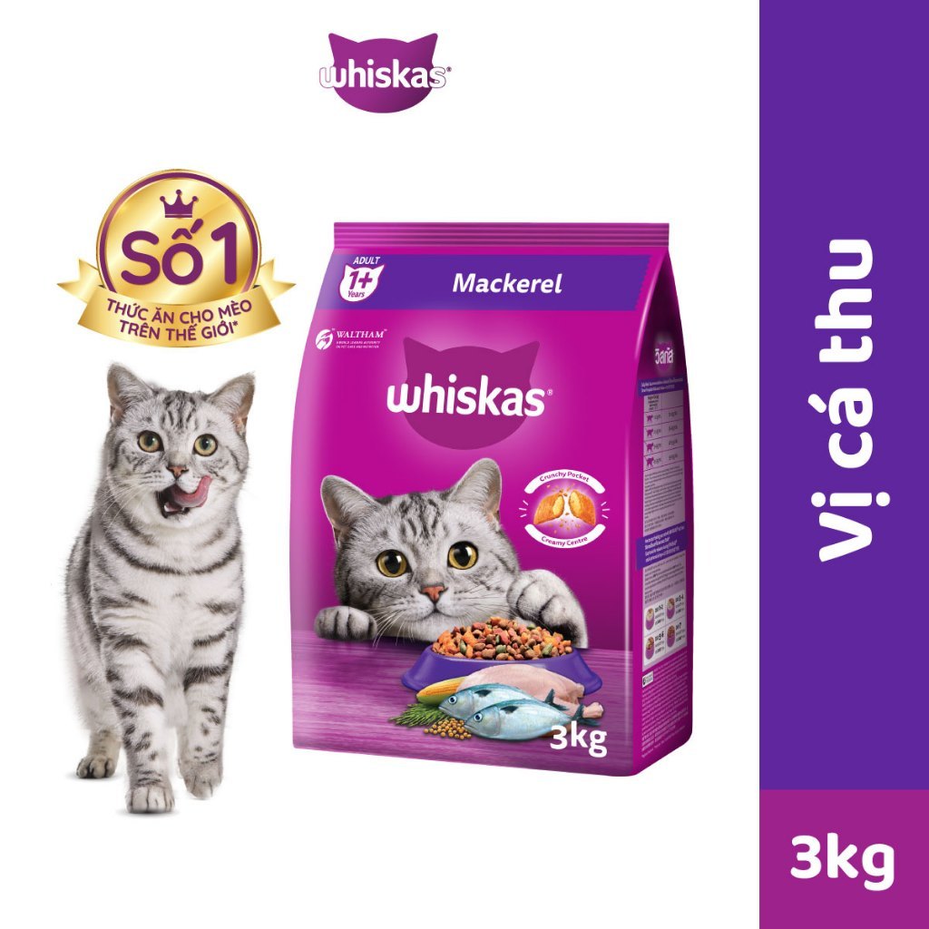 Thức ăn hạt khô cho mèo trưởng thành Whiskas adult vị cá ngừ/ cá thu/ cá biển túi 1,2kg/3kg