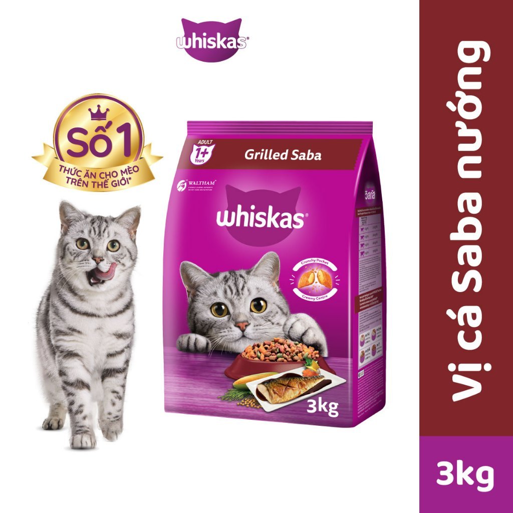 Thức ăn hạt khô cho mèo trưởng thành Whiskas adult vị cá ngừ/ cá thu/ cá biển túi 1,2kg/3kg