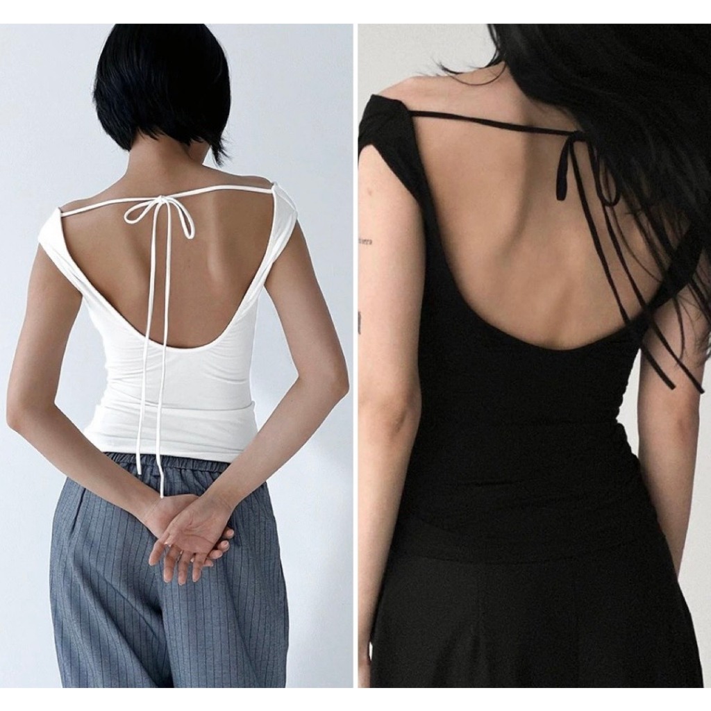  Áo cổ đổ hở lưng mùa hè Unnie áo thun hở lưng cột dây chất thun cotton sang trọng