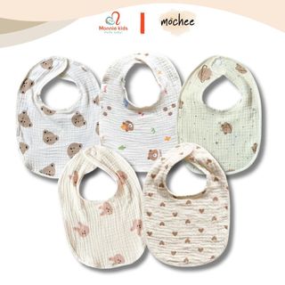 Yếm vải xô muslin cotton Mochee cho bé 20x17cm, yếm ăn dặm bấm cúc hình gấu - Monnie Kids
