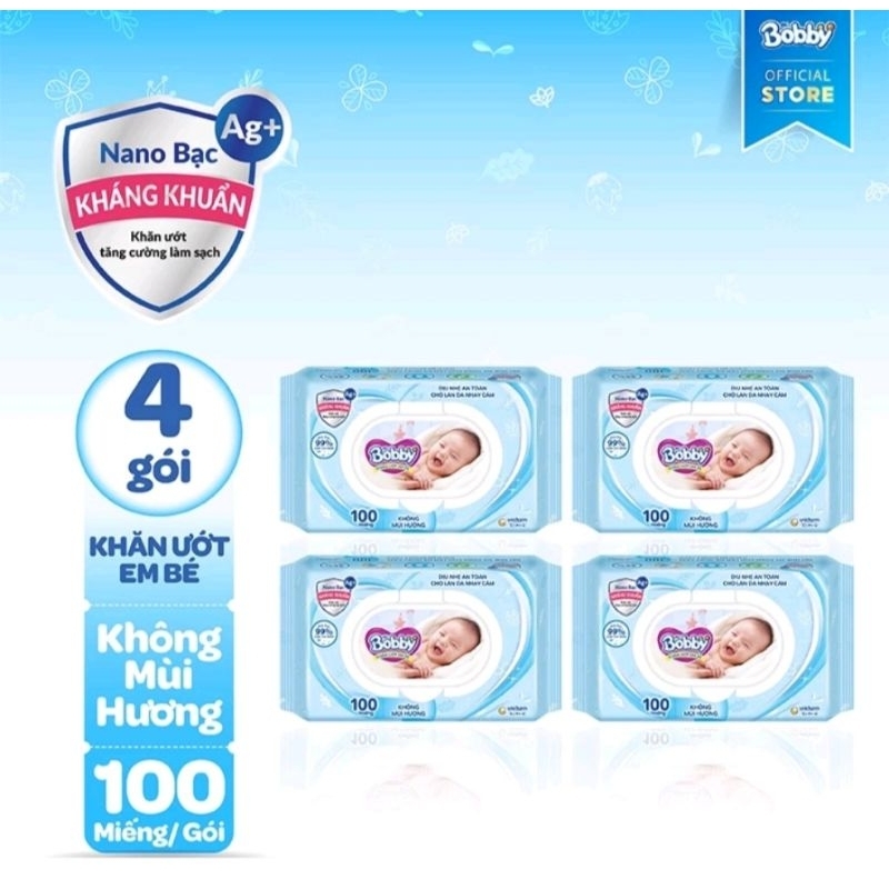 [Hàng Công Ty] Bộ 4 Gói Khăn Ướt Bobby Care 100 Tờ/Gói