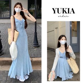 Váy hai dây hoa nhí eo suông dài phối đuôi cá điệu đà maxi tiểu thư hàng Quảng châu (ORDER)