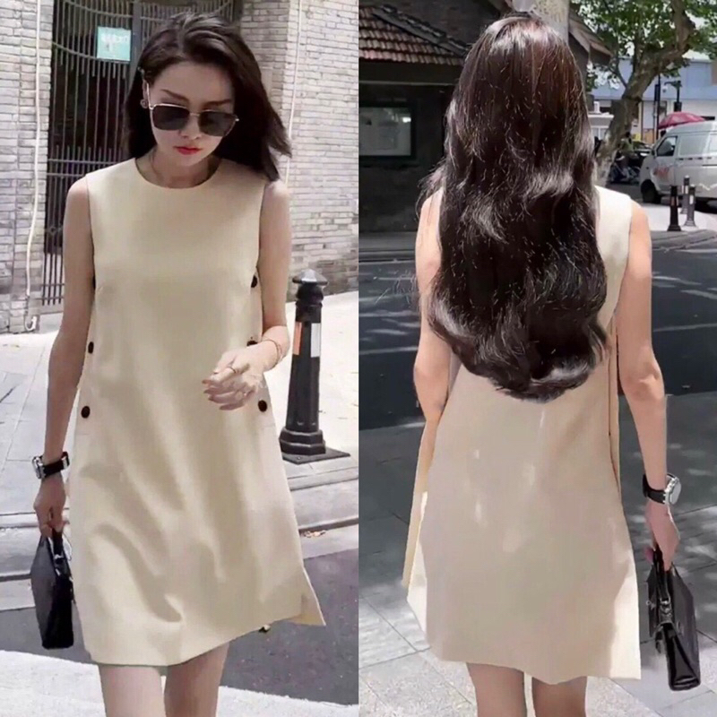 [Kèm video/ảnh thật] Đầm suông form A hông đính nút M.L.XL