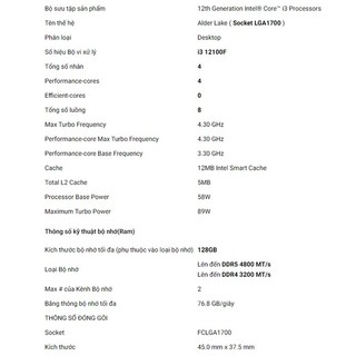 CPU Intel Core i3 12100F 3.3GHz (Socket 1700, 4 nhân 8 luồng 12Mb) TRAY ( Bảo hành 36T )