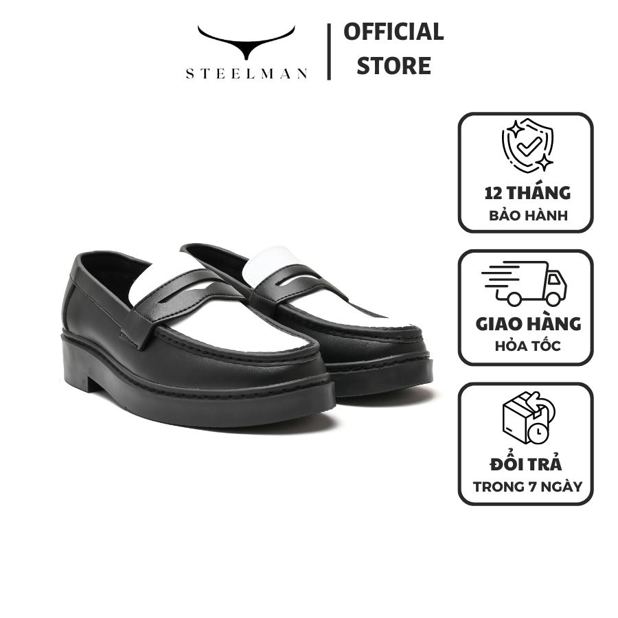 Giày Penny Loafer STEEL MAN phối màu trắng đen thời trang chất liệu đen trơn đế cao su đúc 3cm