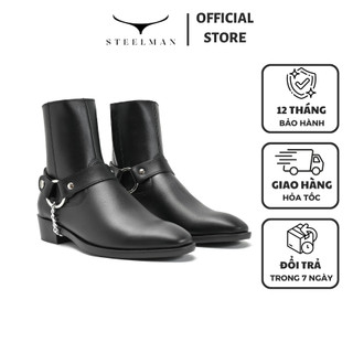 Giày Zip Boot STEEL MAN khóa kéo YKK chống kẹt chất liệu da đen trơn đế cao su 4cm kiểu dáng hiện đại thời trang