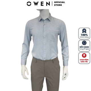Áo sơ mi nam dài tay OWEN AR240018DT somi công sở cao cấp màu xám nhạt kẻ caro chất nano dáng suông tà lượn có túi