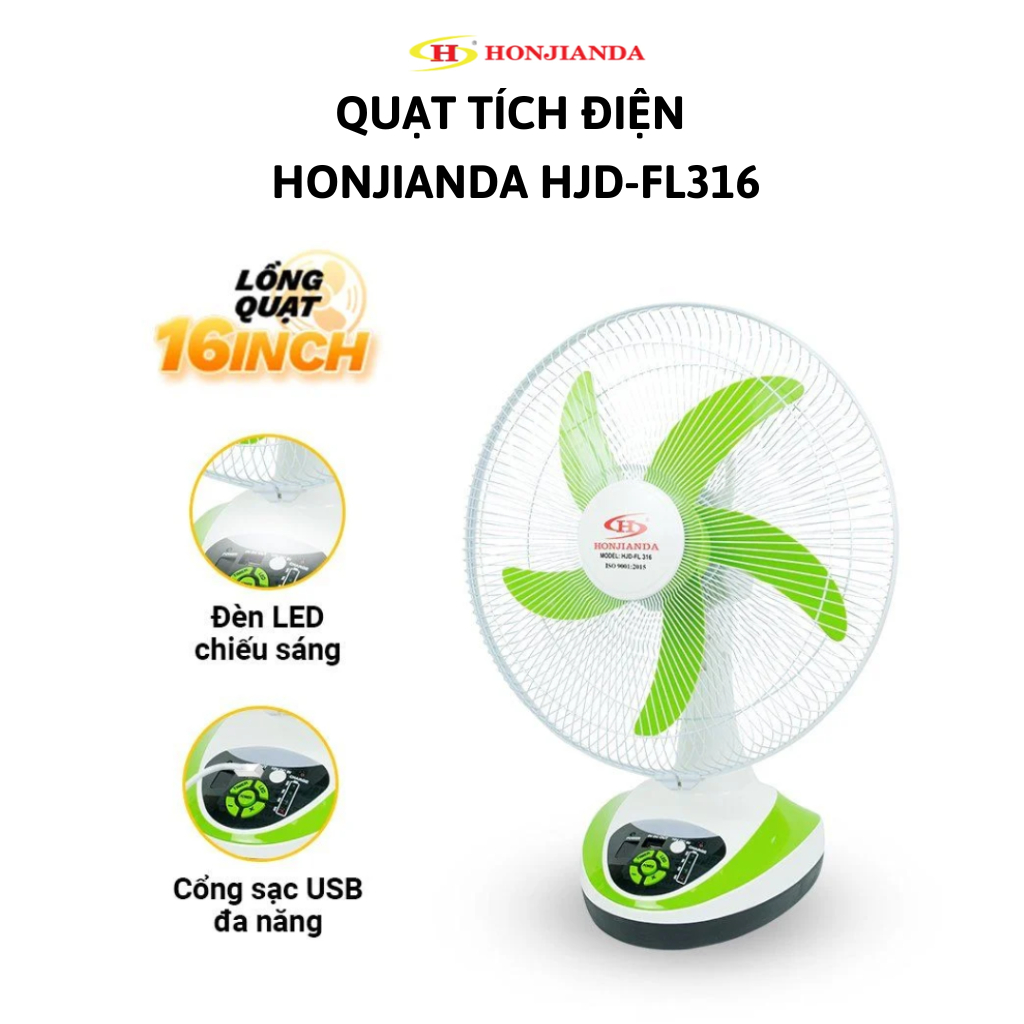Quạt Tích Điện Honjianda HJD-FL316, Công Suất 24W, 2 Bình Ắc Quy Khô, 4 Đèn LED, Sải Cánh 16Inch, Hà