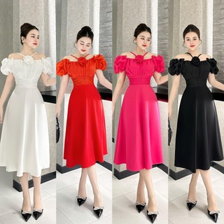 Đầm váy xòe cổ kèm hoa bông , đầm váy xòe cho nữ thường ngày có size S,M,L,XL,XXL