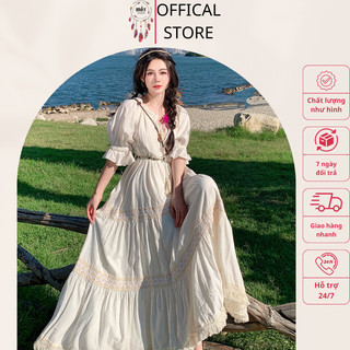 Váy linen kem dài xòe ren tay cộc bo chun mã 14694