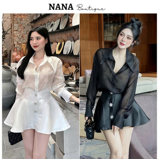 Set bộ áo sơ mi kèm áo hai dây và chân váy xòe tafta ghim hoa đá, set dự tiệc sang chảnh