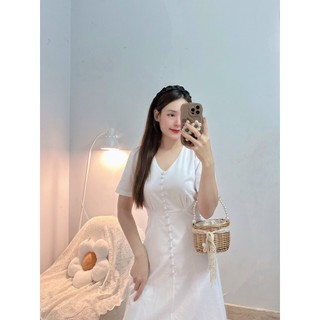 ĐẦM THIẾT KẾ CỔ TIM TAY NGẮN PHỐI NÚT BỌC