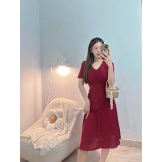 ĐẦM THIẾT KẾ CỔ TIM TAY NGẮN PHỐI NÚT BỌC