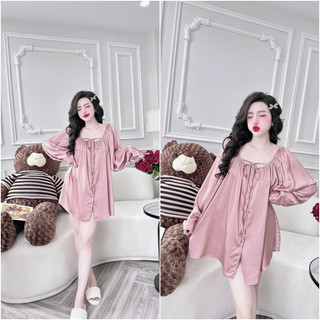 Set áo babydoll tay dài bộ lụa mặc nhà tiểu thư dễ thương chất lụa tơ tằm cao cấp