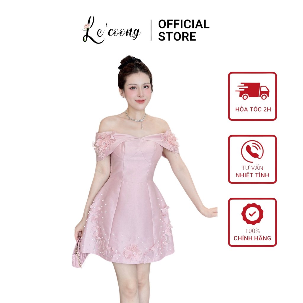 Đầm Đẹp Trễ Vai Dáng Ngắn LECOONG V580 Váy Tiểu Thư Đính Đá Hoạ Tiết Thủ Công