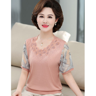Áo kiểu trung niên dệt kim thoáng khí phối ren sang trọng áo tay ngắn