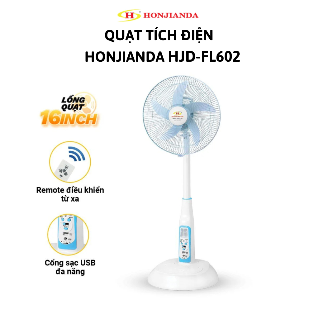 Quat Tích Điện Honjianda HJD-FL602, Công Suất 24W, 3 Bình Ắc Quy Khô, 6 Đèn LED, Sải Cánh 16Inch, Hà