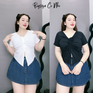  Áo thun croptop bigsize nữ tà nhọn cổ rút dây ở giữa tôn vòng một Áo phông phom rộng chất gân tăm - G42 