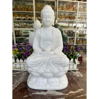 Tượng Phật A Di Đà, phật tổ như lai ngồi đài sen đá trắng - Cao 40 cm