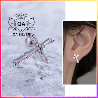 Khuyên tai bạc 925 nữ chữ thập tự đính đá chốt bi vặn s925 cross qa silver earrings ea240402