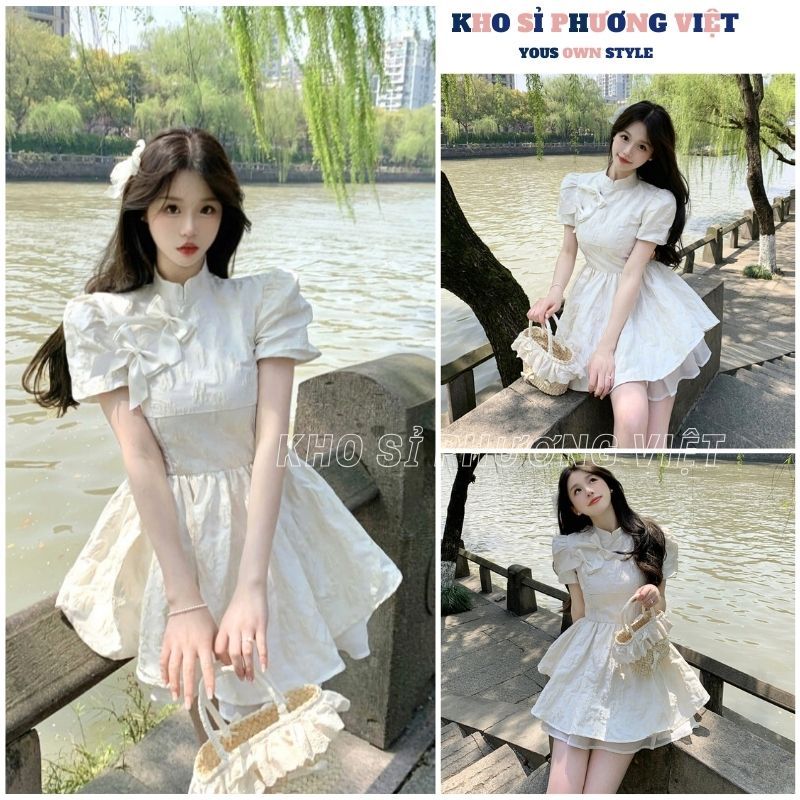 Váy đầm trắng nữ dáng xoè vải gấm dập 2 tầng, thiết kế cổ tàu đính nơ bánh bèo nữ tính - KHOSI