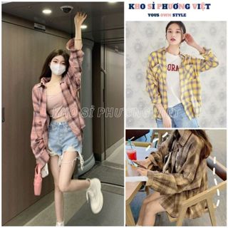  Áo sơ mi kẻ caro 3 màu 2 túi lệch dài tay phom rộng unisex  Áo khoác chống nắng oversize nam nữ kẻ caro - KHOSI 