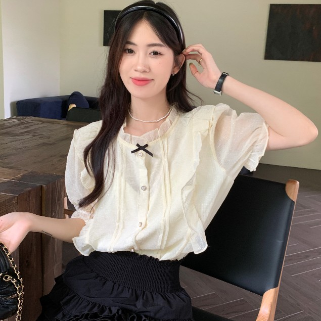 Áo sơ mi nữ kiểu tay ngắn cổ phối nơ xinh xắn, sơ mi nữ cổ tròn viền voan Hàn Quốc 2076