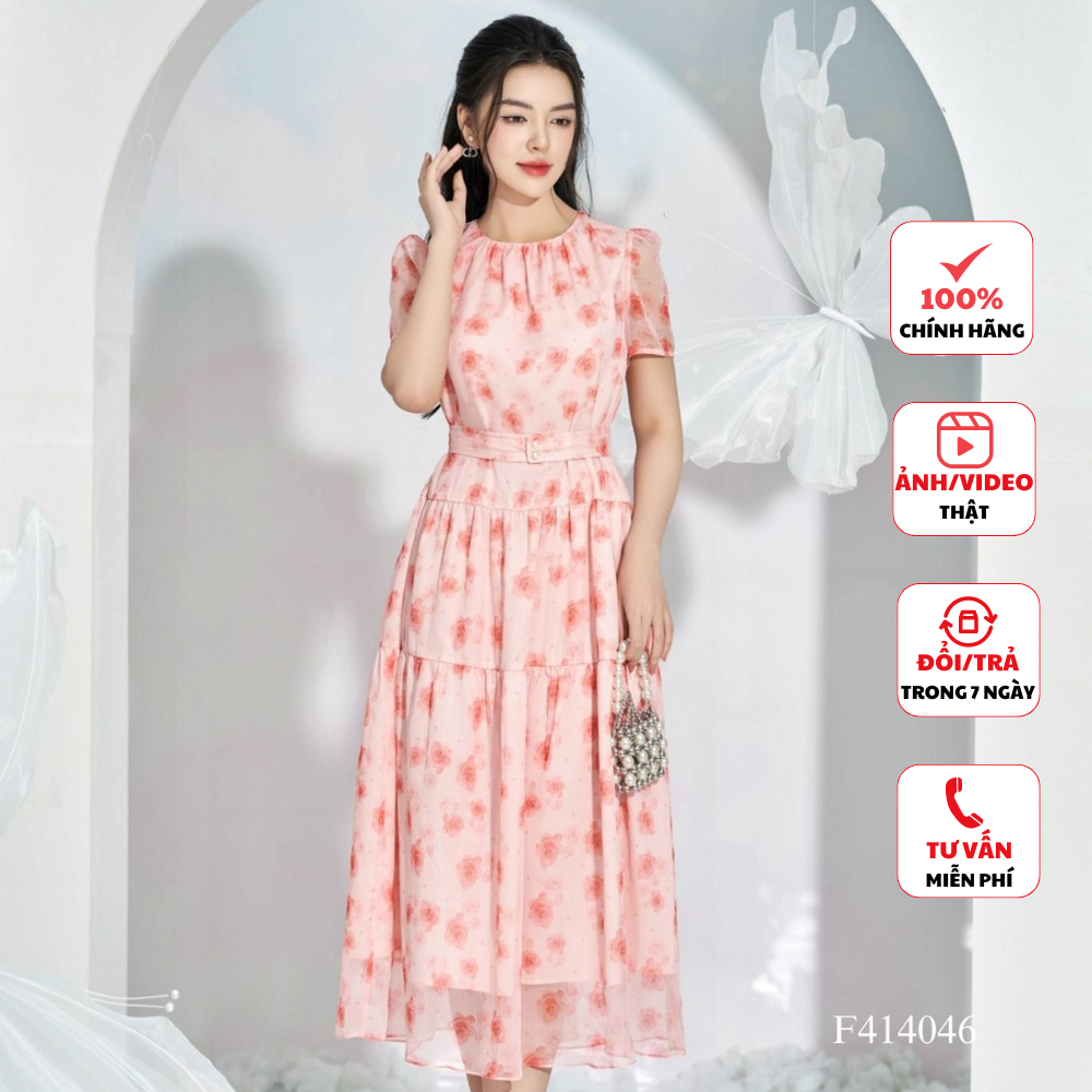 Đầm thiết kế cao cấp FIONA tơ hoa hồng dáng xòe váy công sở nữ cổ tròn tùng váy rút dúm kèm thắt lưng rời F414046