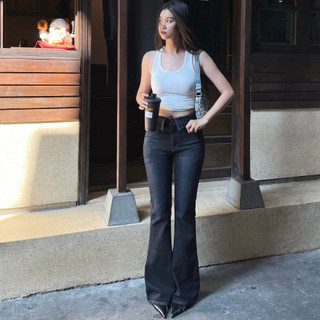 Quần jeans cổ bẻ ống loe màu xám đen wash Quinn GLORIOUS chất liệu cotton co giãn tốt