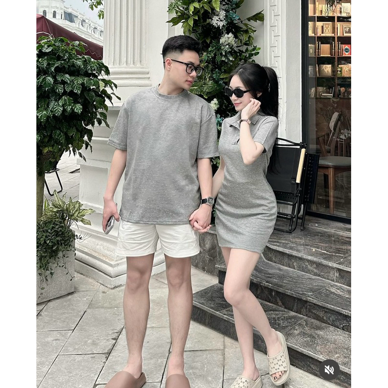 THE2001STORE | Set đồ đôi couple đầm body nữ + áo thun nam bị hoạ tiết đính đá bling bling