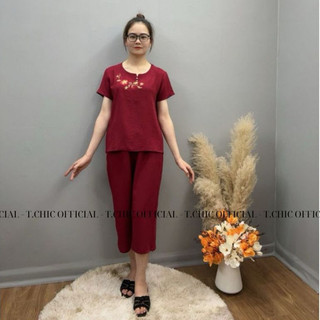 Đồ bộ trung niên cho mẹ đũi lụa TCHIC bộ quần áo cộc tay quần sớ lỡ 9 tấc thêu hoa cho bà bộ mặc nhà sang trọng bigsize