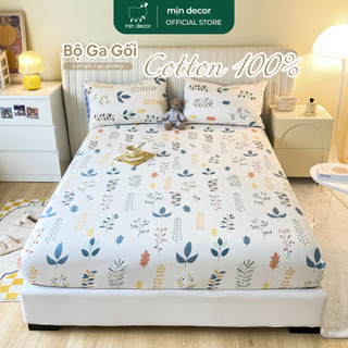 Bộ Ga Gối Cotton 100% Mịn Decor Drap Giường Kèm 2 Vỏ Gối - Hoạ Tiết Hoa lá