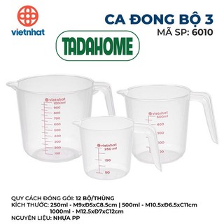 Bộ 3 Ca đong, cốc đong, Ca chia vạch, chia ml dung tích 250ml 500ml 1000ml (6010) Việt Nhật - TADAHOME