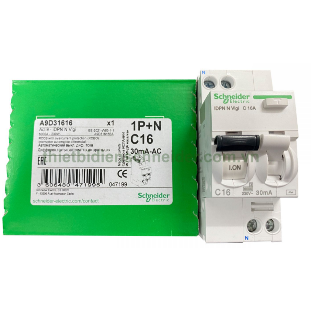 Aptomat chống giật A9D31616 1P+N 16A 30mA RCBO Schneider