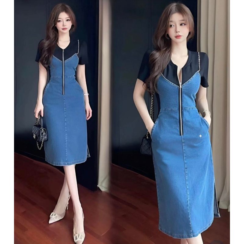 ( HÀNG QUẢNG CHÂU CAO CẤP) VÁY ĐẦM JEAN PHỐI THUN CÁCH ĐIỆU "HACK" DÁNG CHIỀU CAO(MYY220424350)