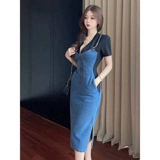 ( HÀNG QUẢNG CHÂU CAO CẤP) VÁY ĐẦM JEAN PHỐI THUN CÁCH ĐIỆU "HACK" DÁNG CHIỀU CAO(MYY220424350)