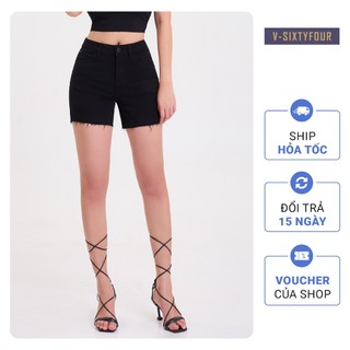 Quần Short Nữ Đen Dáng Suông Lưng Cao. High Waist Denim Shorts With Frayed Raw Hem Cut V-SIXTYFOUR - 122WD2102B1090