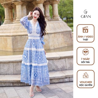 Váy đi biển dáng dài họa tiết in thổ cẩm phối ren xanh, đầm maxi cổ V khoét chéo chính hãng GIIAN - VA0135