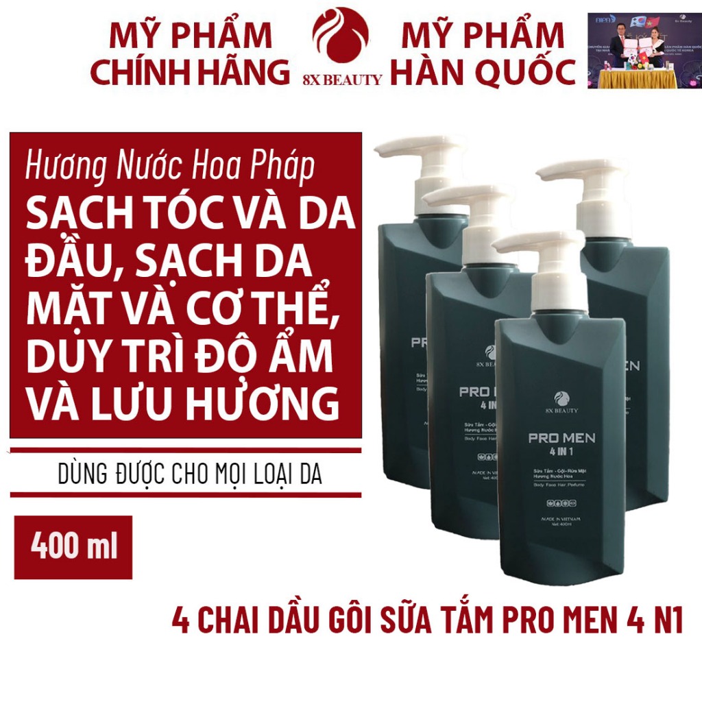 COMBO 4 CHAI Dầu Gội Sữa Tắm Nam Sữa Rửa Mặt Hương Nước Hoa Pro Men 4 in 1 8x Beauty 400ml