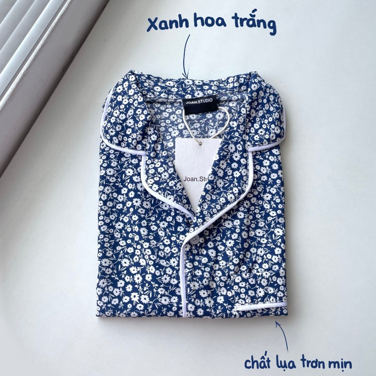 Đồ Ngủ JOAN.STUDIO Bộ Ngắn, Họa Tiết Hoa Nhí, Chất Liệu Lụa Lạnh Cao Cấp, Không Bị Bóng, Giặt Máy Kh