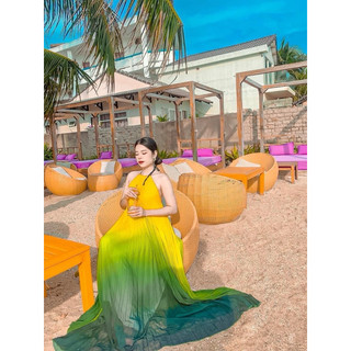 (TKCC LOẠI 1) Maxi yếm dập ly ombre loang màu vàng.